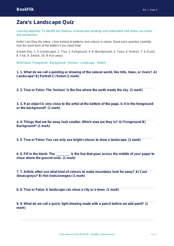 Free Landscapes Quiz | Year 4 Supported | BookFlik worksheet preview — Art Landscapes