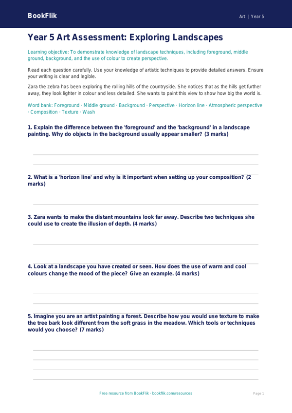 Free Landscapes Assessment | Year 5 Core | BookFlik worksheet preview — Art Landscapes