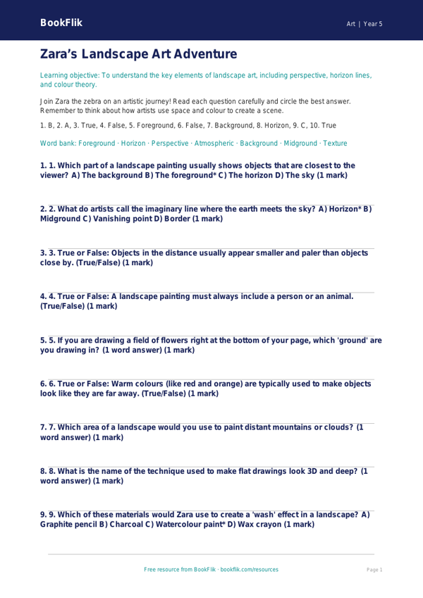 Free Landscapes Quiz | Year 5 Core | BookFlik worksheet preview — Art Landscapes