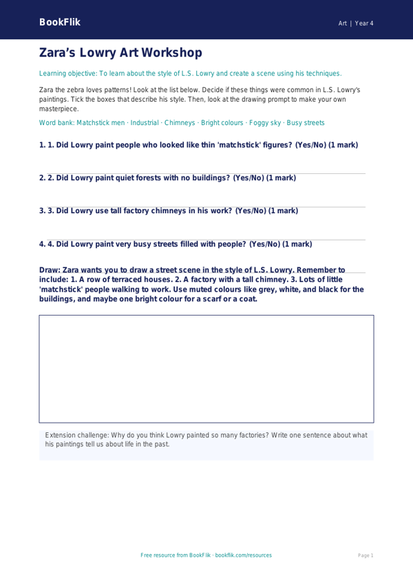 Free Lowry Activity Sheet | Year 4 Supported | BookFlik worksheet preview — Art Lowry