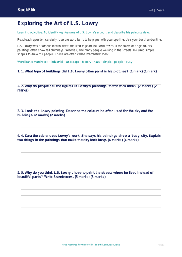 Free L.S. Lowry Art Assessment | Year 4 Supported | BookFlik worksheet preview — Art Lowry