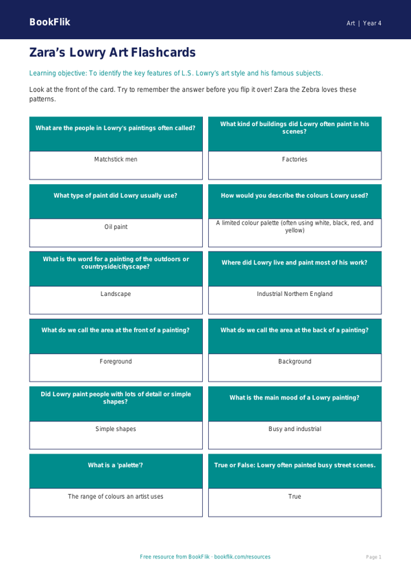 Free L.S. Lowry Flashcards | Year 4 Art Lesson | BookFlik worksheet preview — Art Lowry