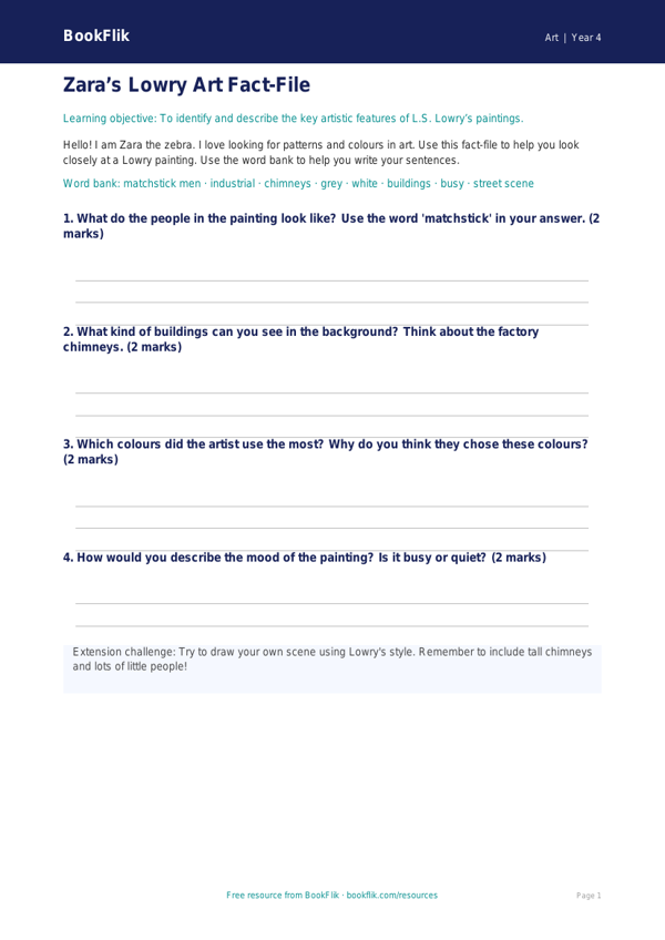 Free L.S. Lowry Art Worksheet | Year 4 Supported | BookFlik worksheet preview — Art Lowry