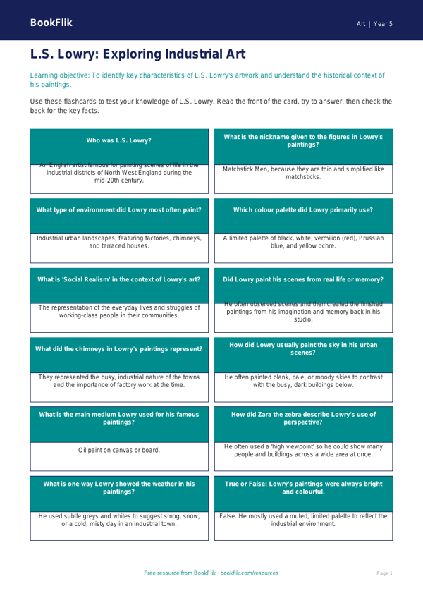 Free Lowry Flashcards | Year 5 Core | BookFlik worksheet preview — Art Lowry