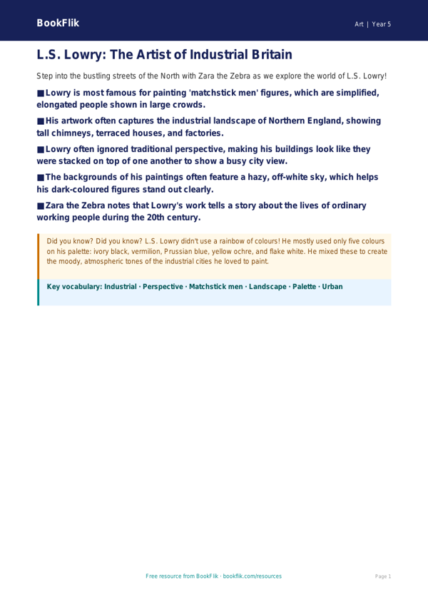 Free Lowry Poster | Year 5 Core | BookFlik worksheet preview — Art Lowry