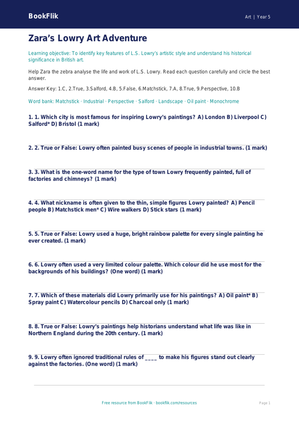 Free Lowry Quiz | Year 5 Core | BookFlik worksheet preview β Art Lowry