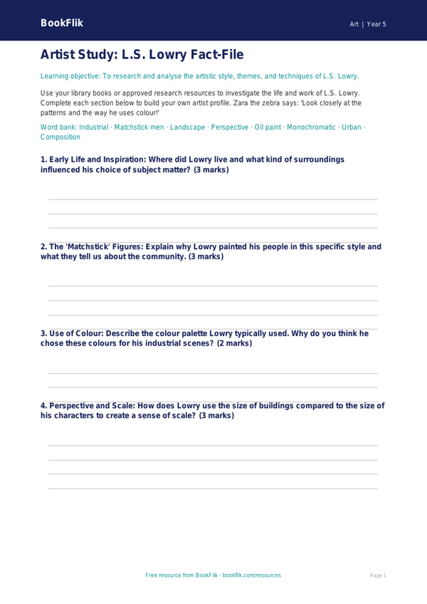 Free Lowry Template | Year 5 Core | BookFlik worksheet preview — Art Lowry
