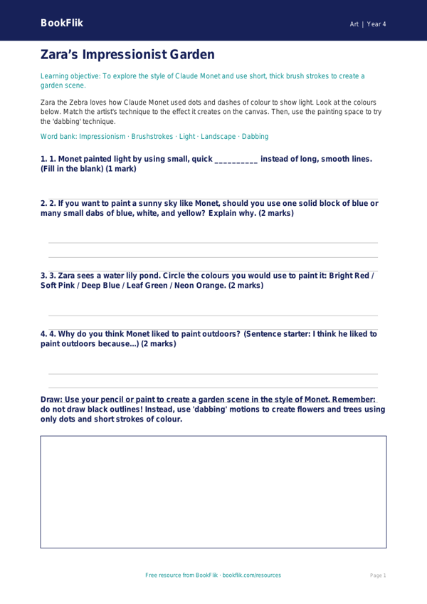 Free Monet Activity Sheet | Year 4 Supported | BookFlik worksheet preview — Art Monet