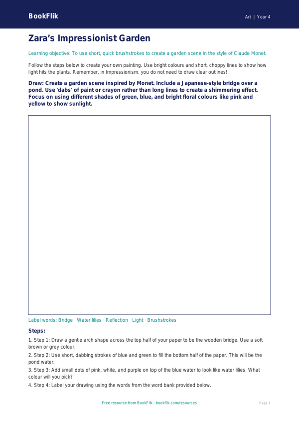 Free Monet Drawing Sheet | Year 4 Supported | BookFlik worksheet preview — Art Monet