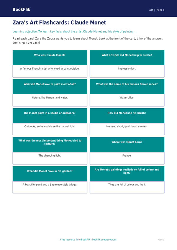 Free Monet Flashcards | Year 4 Supported | BookFlik worksheet preview — Art Monet