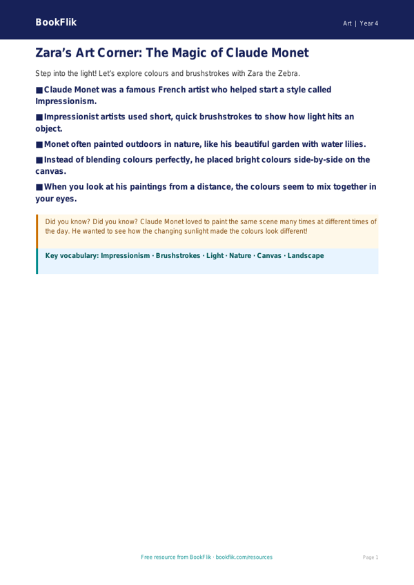 Free Monet Poster | Year 4 Supported | BookFlik worksheet preview — Art Monet