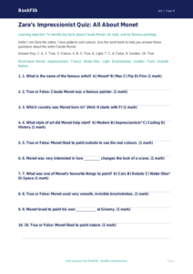 Free Monet Quiz | Year 4 Supported | BookFlik