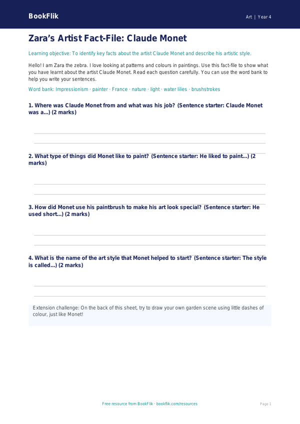 Free Monet Template | Year 4 Supported | BookFlik worksheet preview — Art Monet