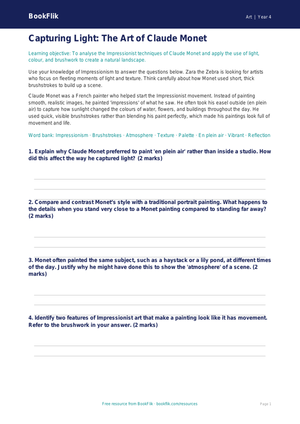 Free Monet Worksheet | Year 4 Greater Depth | BookFlik worksheet preview — Art Monet