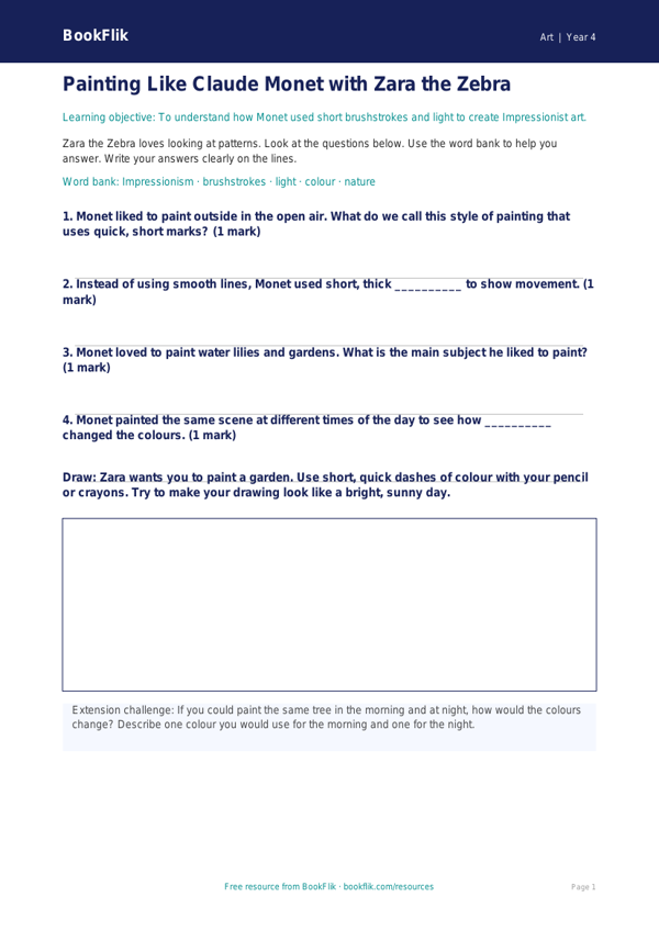 Free Monet Art Worksheet | Year 4 Supported | BookFlik worksheet preview — Art Monet