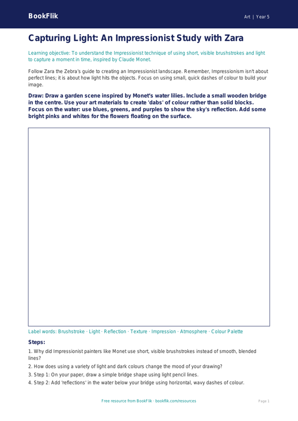 Free Monet Drawing Sheet | Year 5 Core | BookFlik worksheet preview — Art Monet