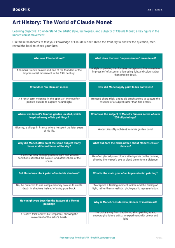 Free Monet Flashcards | Year 5 Core | BookFlik worksheet preview — Art Monet