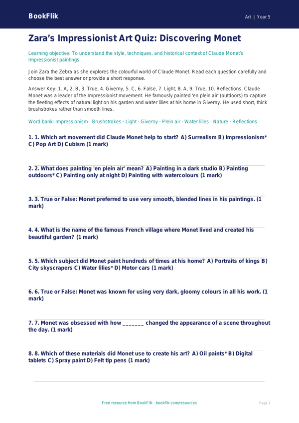 Free Monet Quiz | Year 5 Core | BookFlik worksheet preview β Art Monet