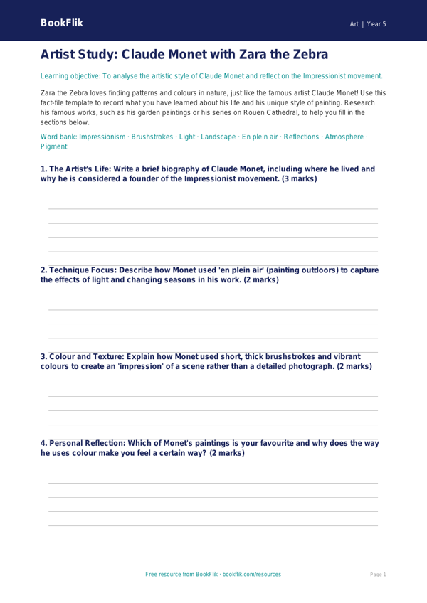 Free Monet Art Worksheet | Year 5 Core Curriculum | BookFlik worksheet preview — Art Monet