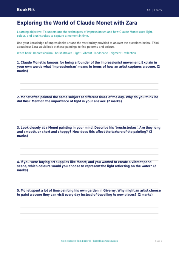 Free Monet Worksheet | Year 5 Art History | BookFlik worksheet preview — Art Monet