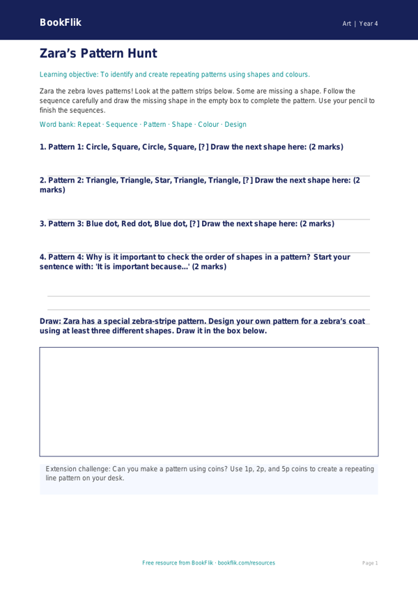 Free Pattern Activity Sheet | Year 4 Supported | BookFlik worksheet preview — Art Pattern