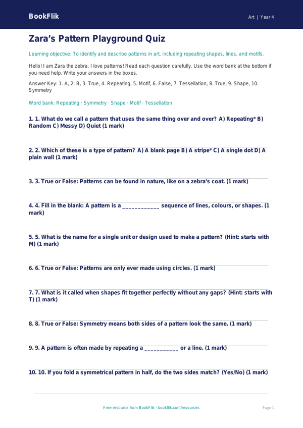 Free Pattern Quiz | Year 4 Supported | BookFlik worksheet preview — Art Pattern