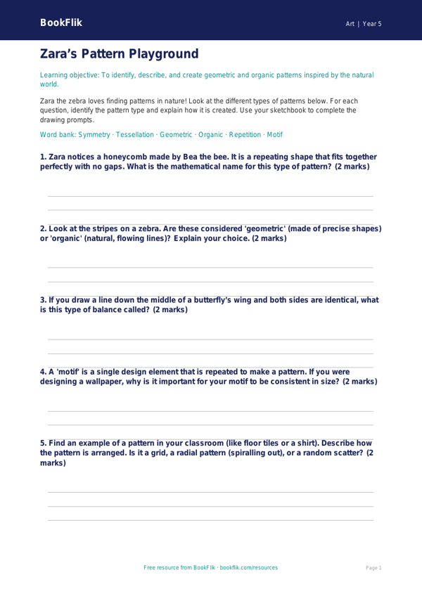 Free Pattern Activity Sheet | Year 5 Core | BookFlik worksheet preview — Art Pattern