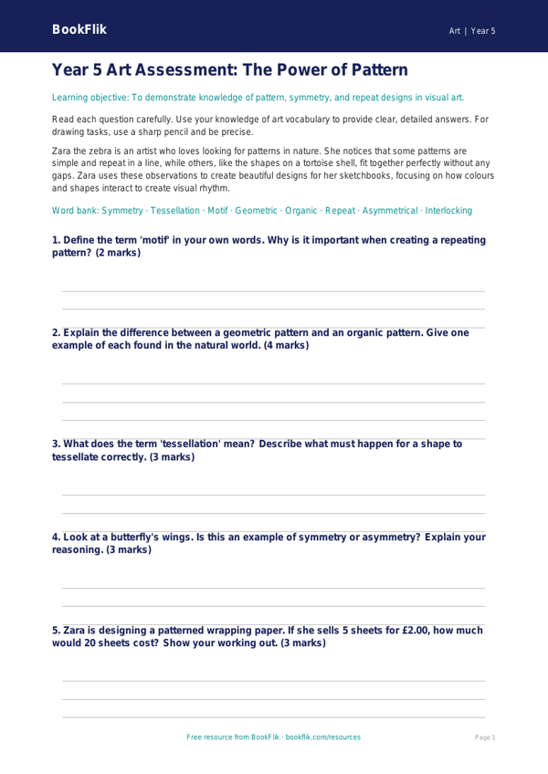 Free Pattern Assessment | Year 5 Core | BookFlik worksheet preview — Art Pattern