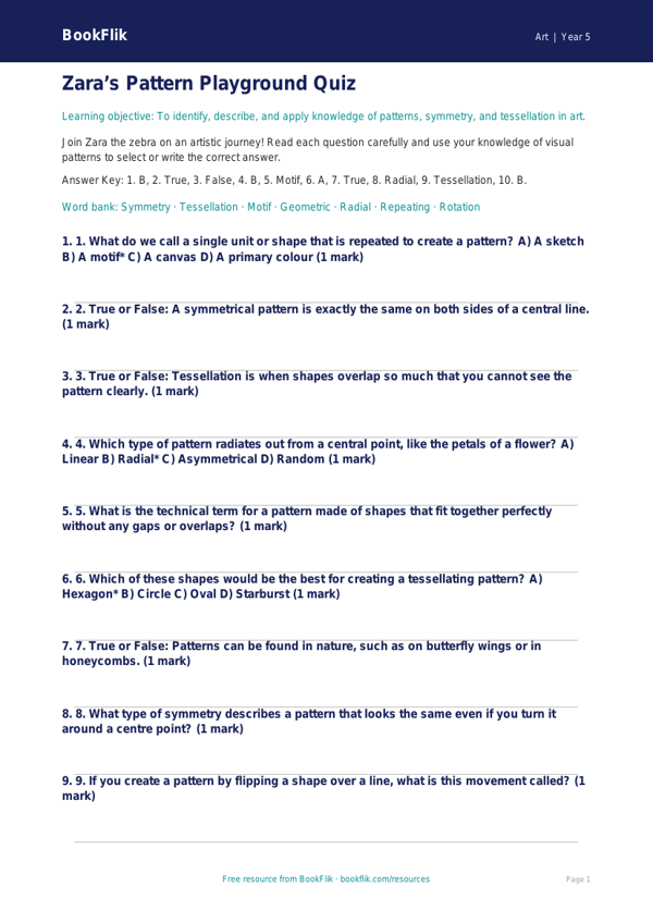 Free Pattern Quiz | Year 5 Core | BookFlik worksheet preview — Art Pattern