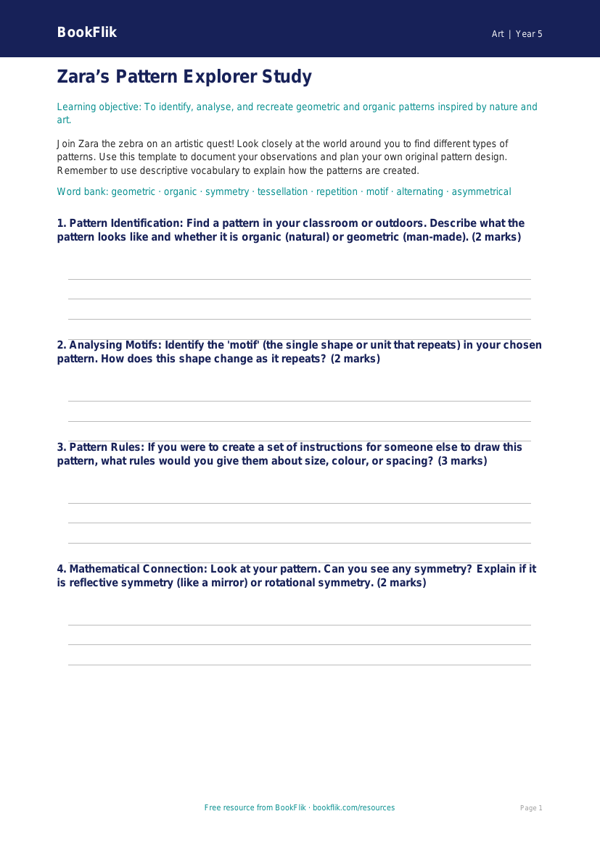 Free Pattern Template | Year 5 Core | BookFlik worksheet preview — Art Pattern