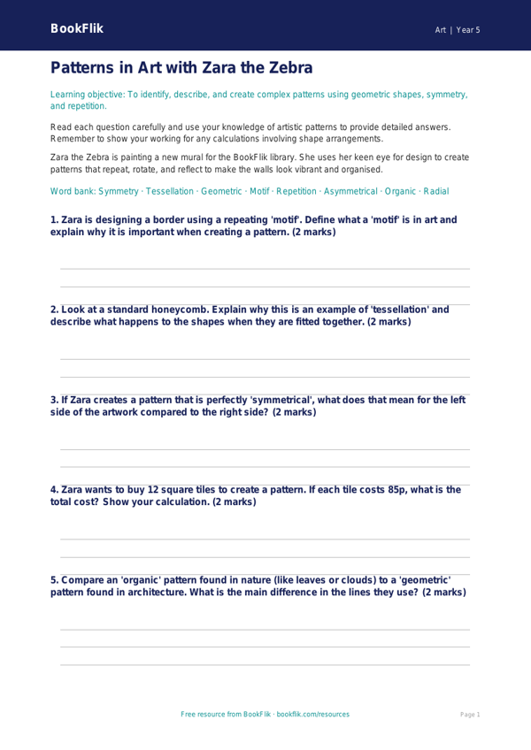 Free Pattern Worksheet | Year 5 Core | BookFlik worksheet preview — Art Pattern