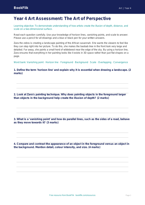 Free Perspective Assessment | Year 4 Greater Depth | BookFlik worksheet preview — Art Perspective