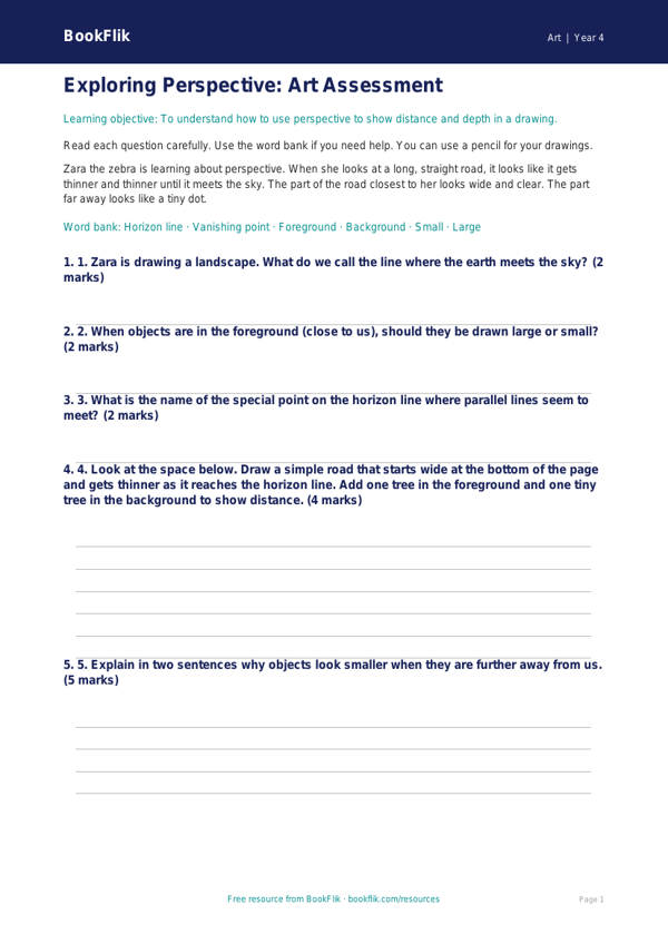 Free Perspective Assessment | Year 4 Supported | BookFlik worksheet preview — Art Perspective