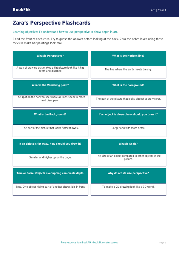 Free Perspective Flashcards | Year 4 Supported | BookFlik worksheet preview — Art Perspective