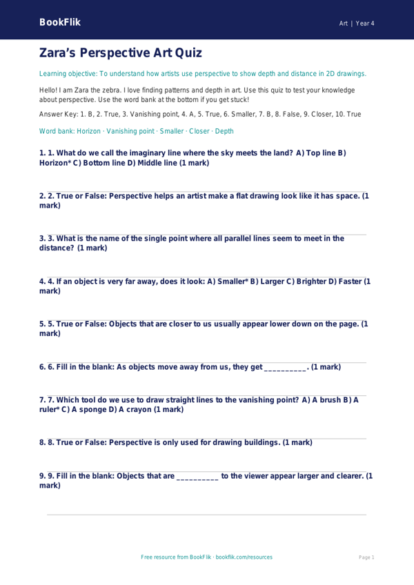 Free Perspective Quiz | Year 4 Supported | BookFlik worksheet preview — Art Perspective