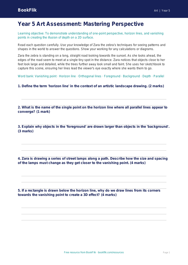 Free Perspective Assessment | Year 5 Core | BookFlik worksheet preview — Art Perspective