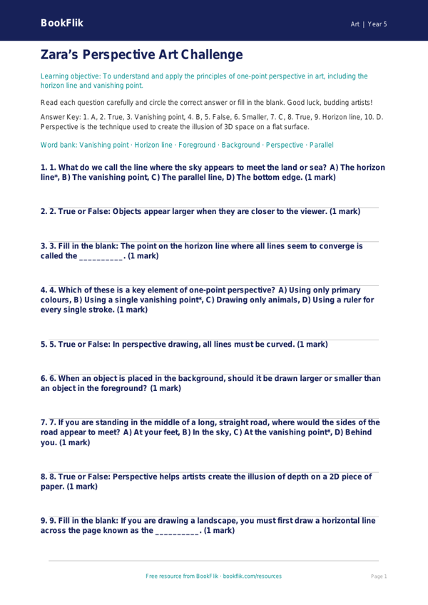 Free Perspective Quiz | Year 5 Core | BookFlik worksheet preview — Art Perspective