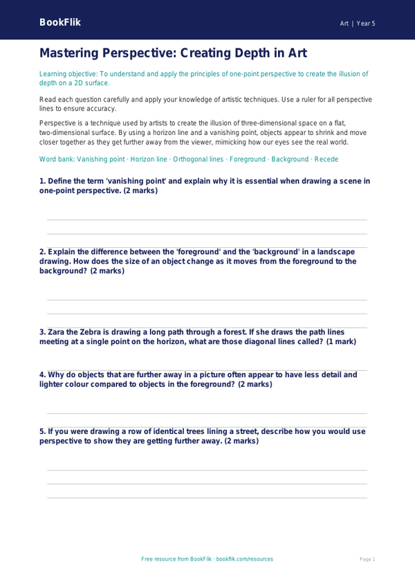 Free Perspective Worksheet | Year 5 Core | BookFlik worksheet preview — Art Perspective