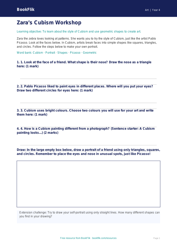 Free Picasso Activity Sheet | Year 4 Supported | BookFlik worksheet preview — Art Picasso