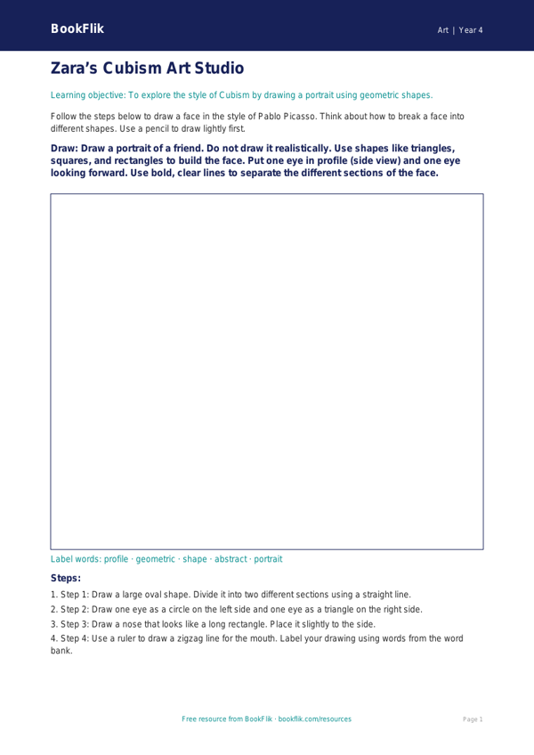 Free Picasso Drawing Sheet | Year 4 Supported | BookFlik worksheet preview — Art Picasso
