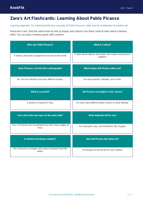 Free Picasso Flashcards | Year 4 Supported | BookFlik worksheet preview — Art Picasso