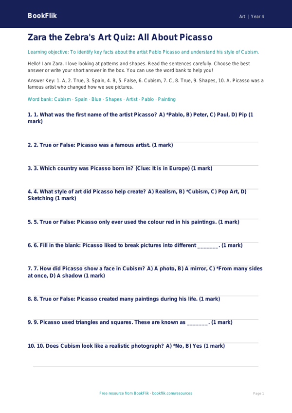 Free Picasso Quiz | Year 4 Supported | BookFlik worksheet preview — Art Picasso