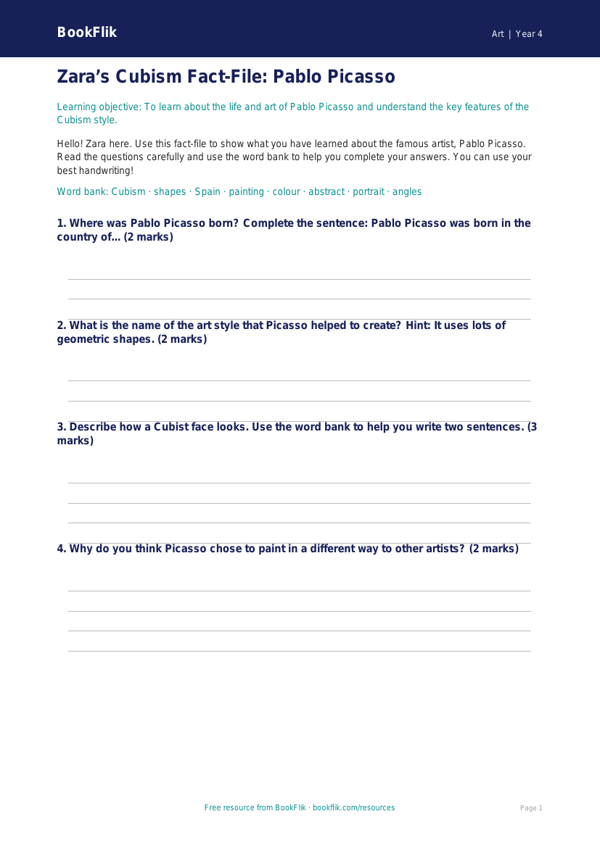Free Picasso Template | Year 4 Supported | BookFlik worksheet preview — Art Picasso