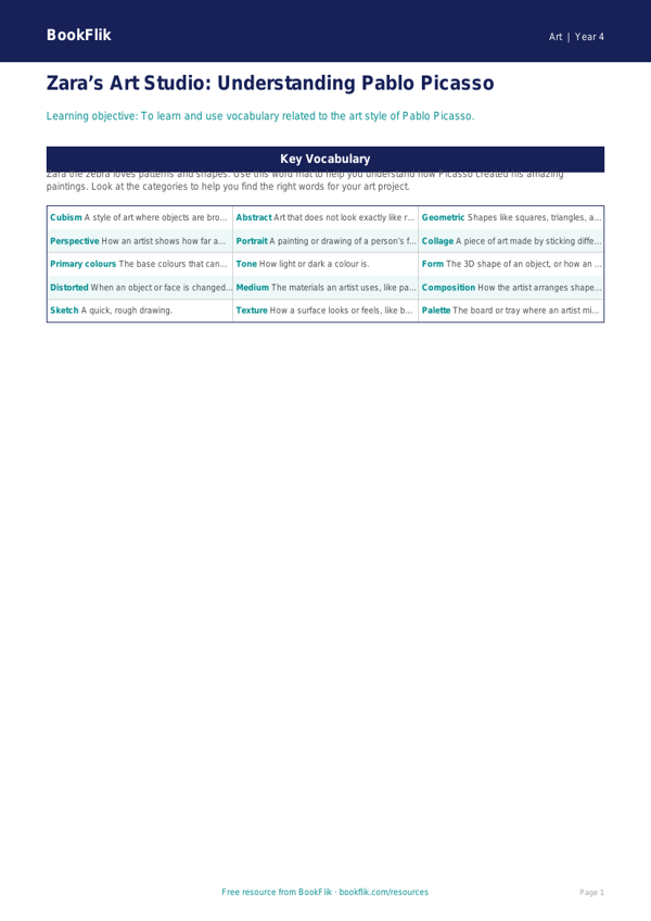 Free Picasso Word Mat | Year 4 Supported | BookFlik worksheet preview — Art Picasso