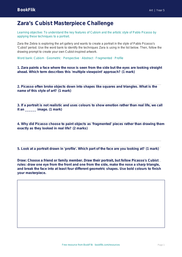 Free Picasso Activity Sheet | Year 5 Core | BookFlik worksheet preview — Art Picasso