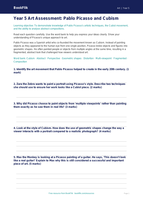 Free Picasso Assessment | Year 5 Core | BookFlik worksheet preview — Art Picasso