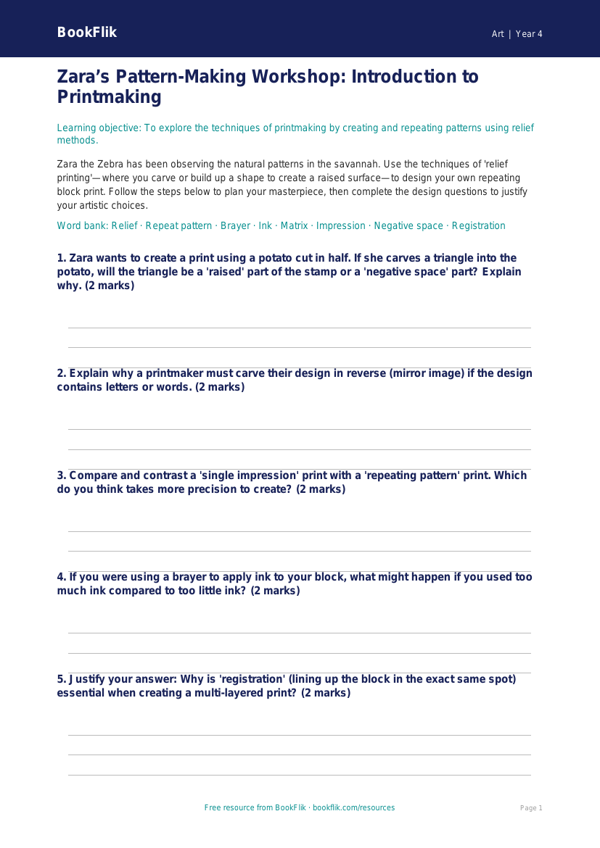 Free Printmaking Activity Sheet | Year 4 Greater Depth | BookFlik worksheet preview — Art Printmaking