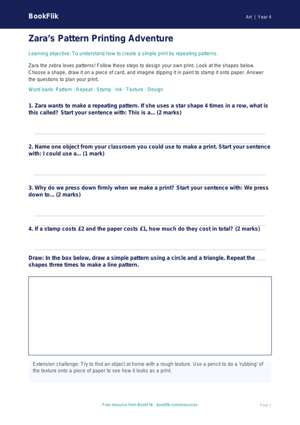 Free Printmaking Activity Sheet | Year 4 Supported | BookFlik worksheet preview — Art Printmaking