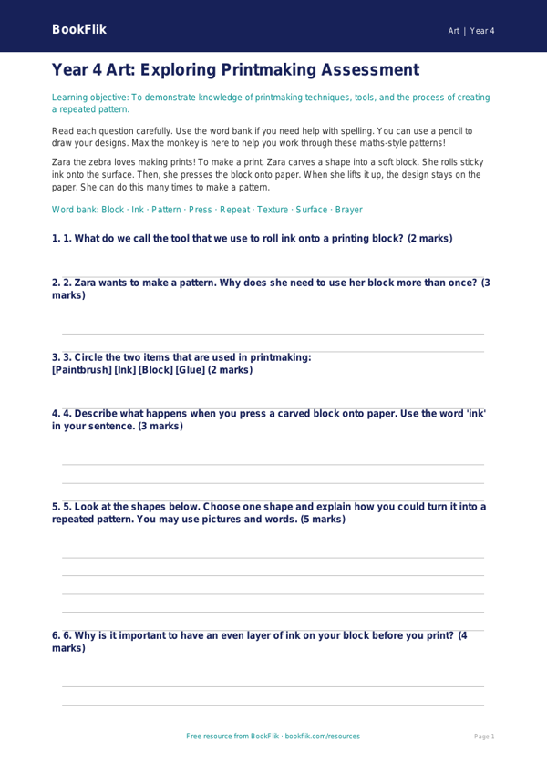 Free Printmaking Assessment | Year 4 Supported | BookFlik worksheet preview — Art Printmaking