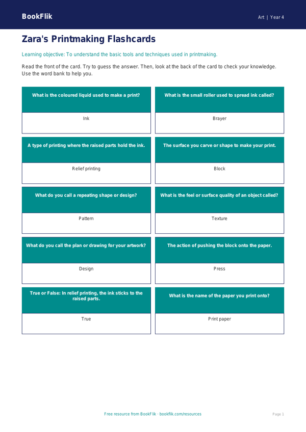Free Printmaking Flashcards | Year 4 Supported | BookFlik worksheet preview — Art Printmaking